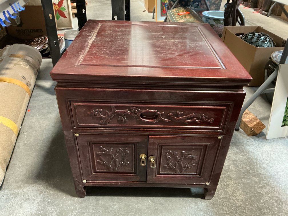 Asian-style carved wood nightstand cabinet