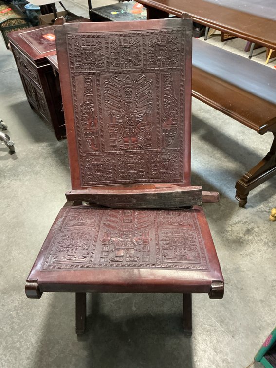 Wood folding chair with tooled leather seat & back