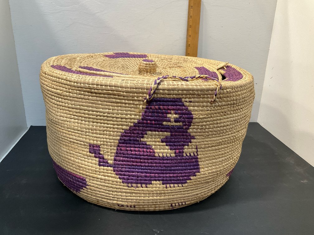 Coiled woven fiber basket with lid & purple motifs