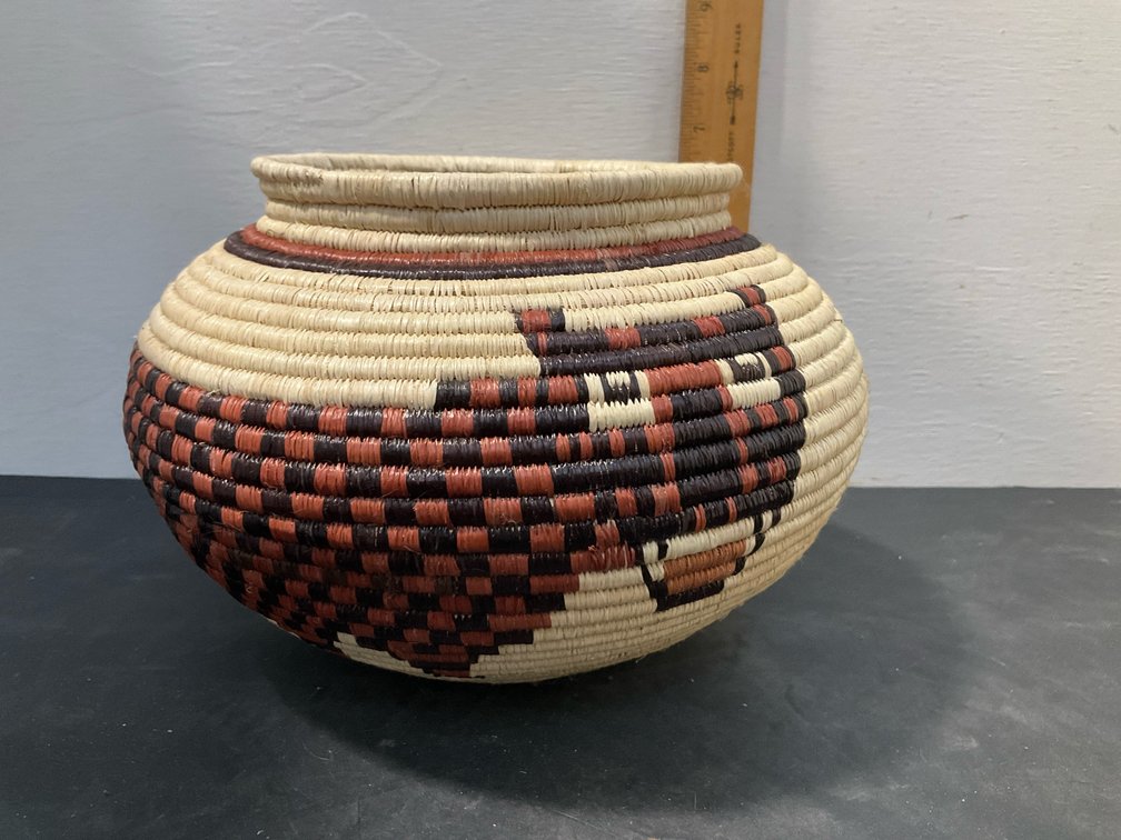 Coiled woven basket jar with flared rim