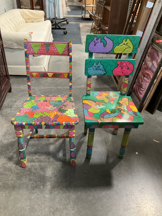 Pair of hand-painted wooden cat motif side chairs