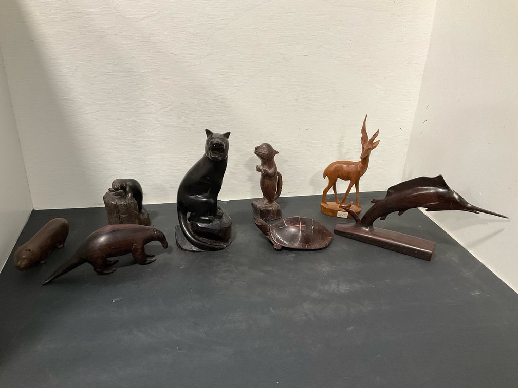 Grouping of carved wood animal figurines