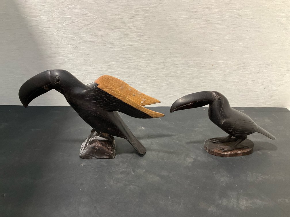 Pair of carved wood toucan figurines