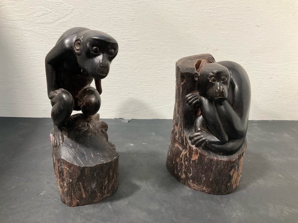 Pair of carved wood monkey sculptures