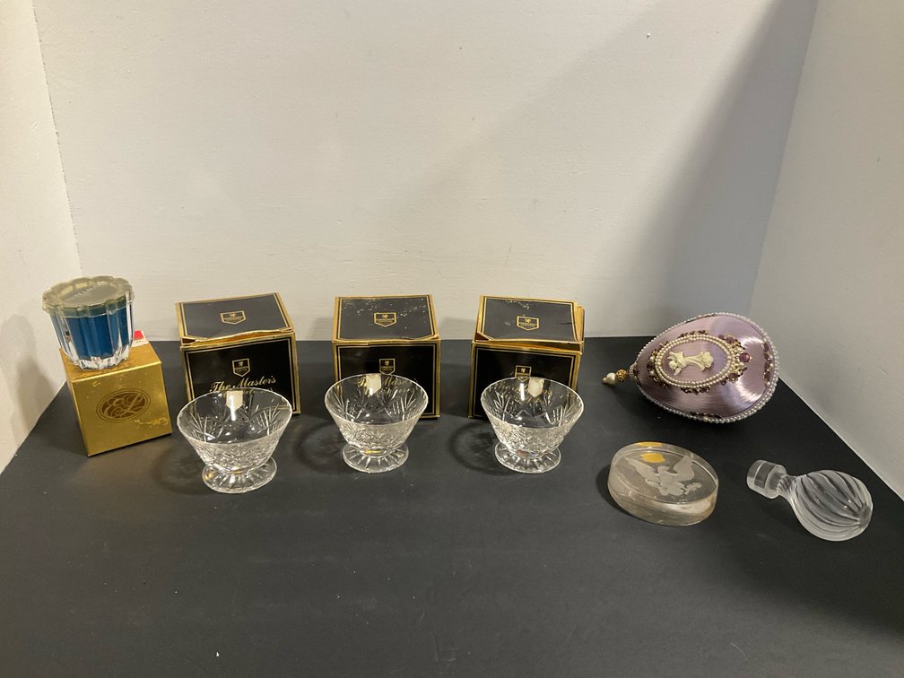 Cut crystal bowls, glass paperweight, ornament & more