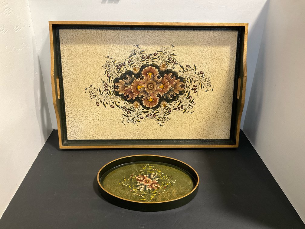 Painted floral serving trays with gold trim