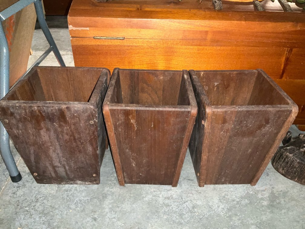 Dark stained wood tapered wastebaskets