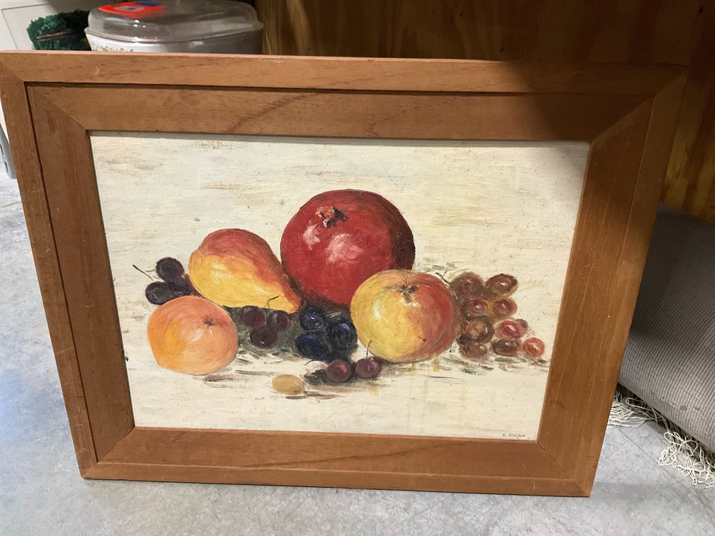 Framed fruit still life oil painting, 12 x 16 in