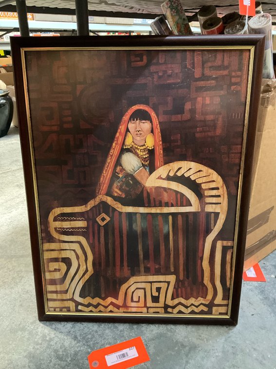 Framed indigenous portrait & animal artwork