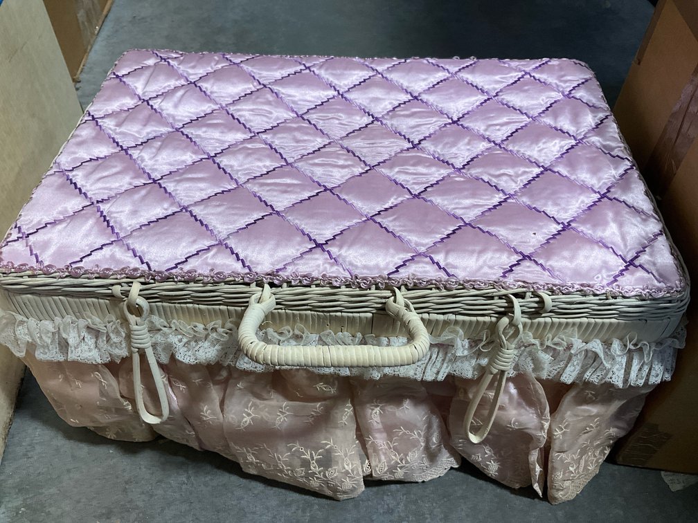 Wicker storage chest, fabric trinket boxes & pillow