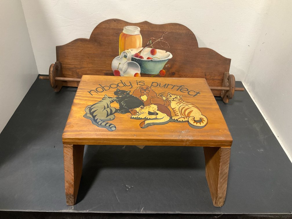 Painted wood step stool & wall-mount paper towel holder