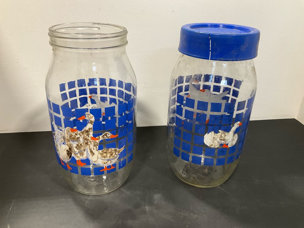 Pair of glass jars with goose graphics & lid