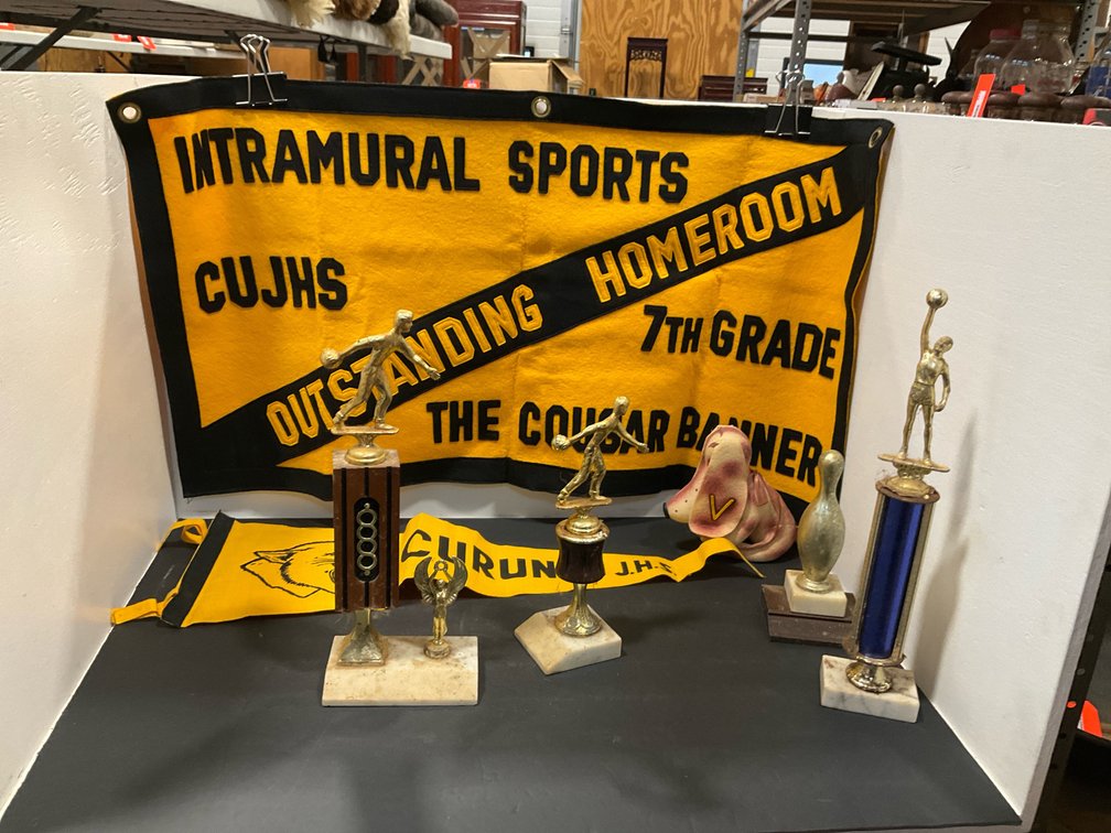 Curundu J.H.S. felt banners, trophies & stuffed dog