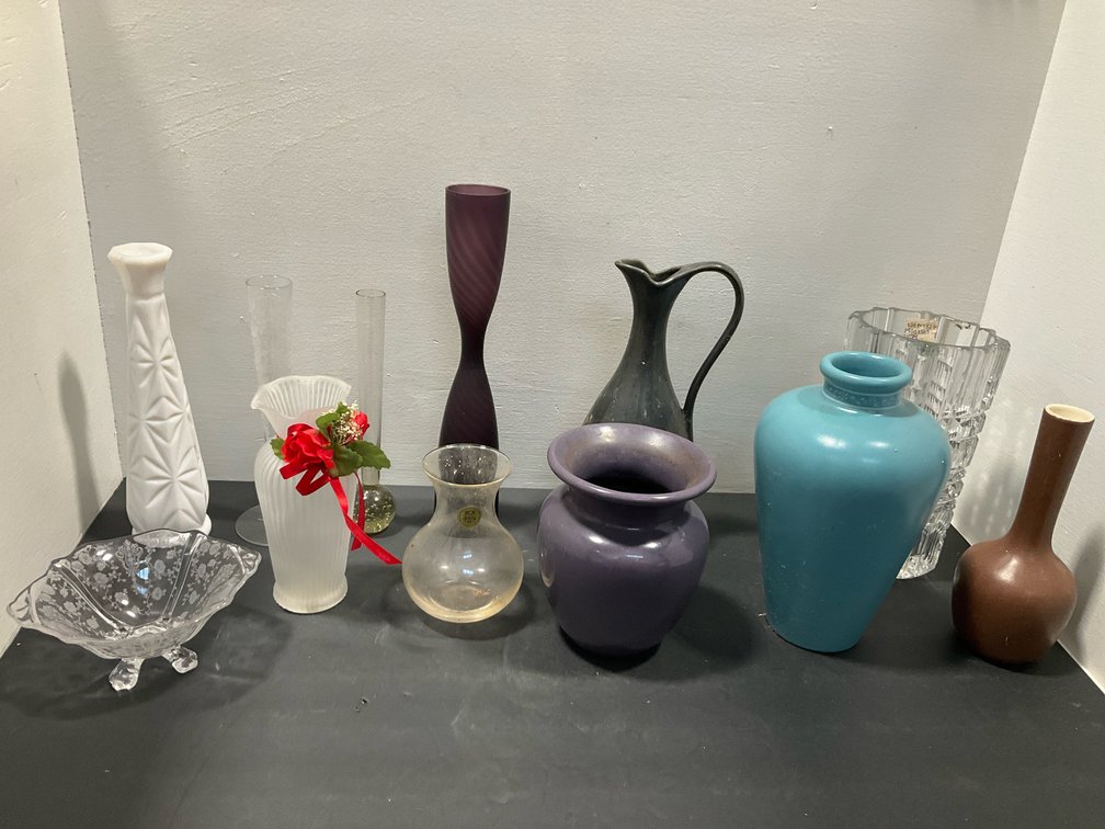 Grouping of glass & ceramic vases & vessels