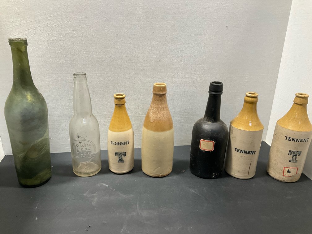 Grouping of ceramic stoneware & glass bottles