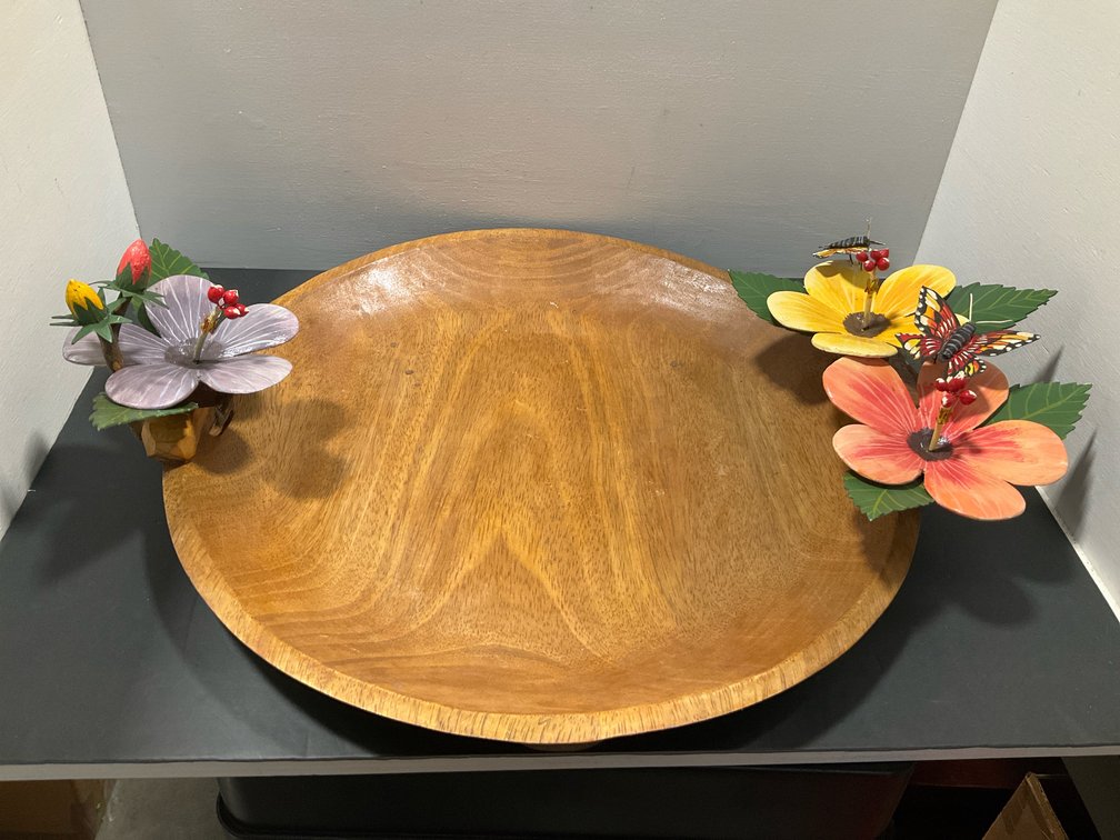 Carved wood platter with painted floral rim
