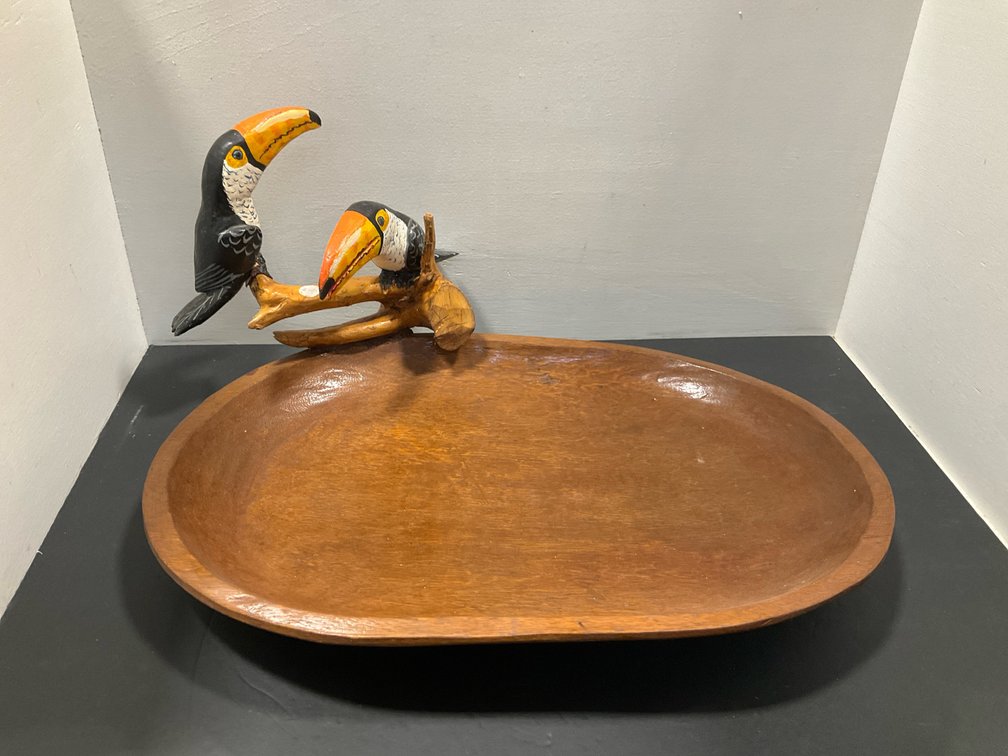 Carved wood oval tray with two painted toucans
