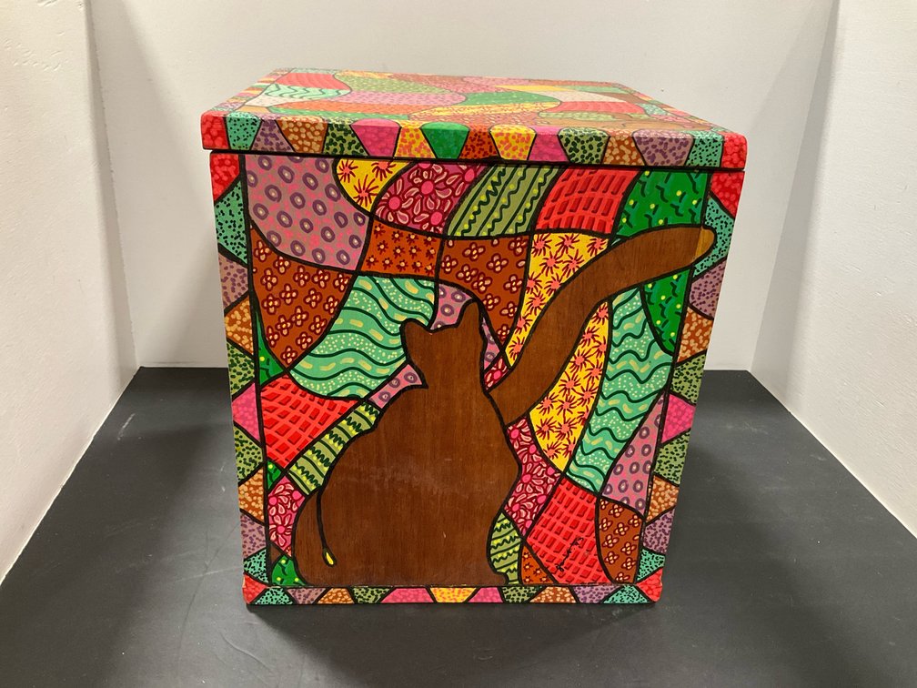 Hand-painted patchwork wooden box with cat silhouette