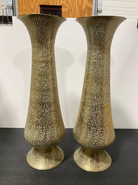 Pair of etched brass vases with flared rims