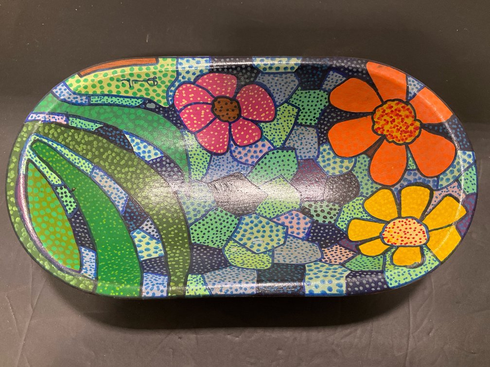 Hand-painted carved wood oval floral bowl
