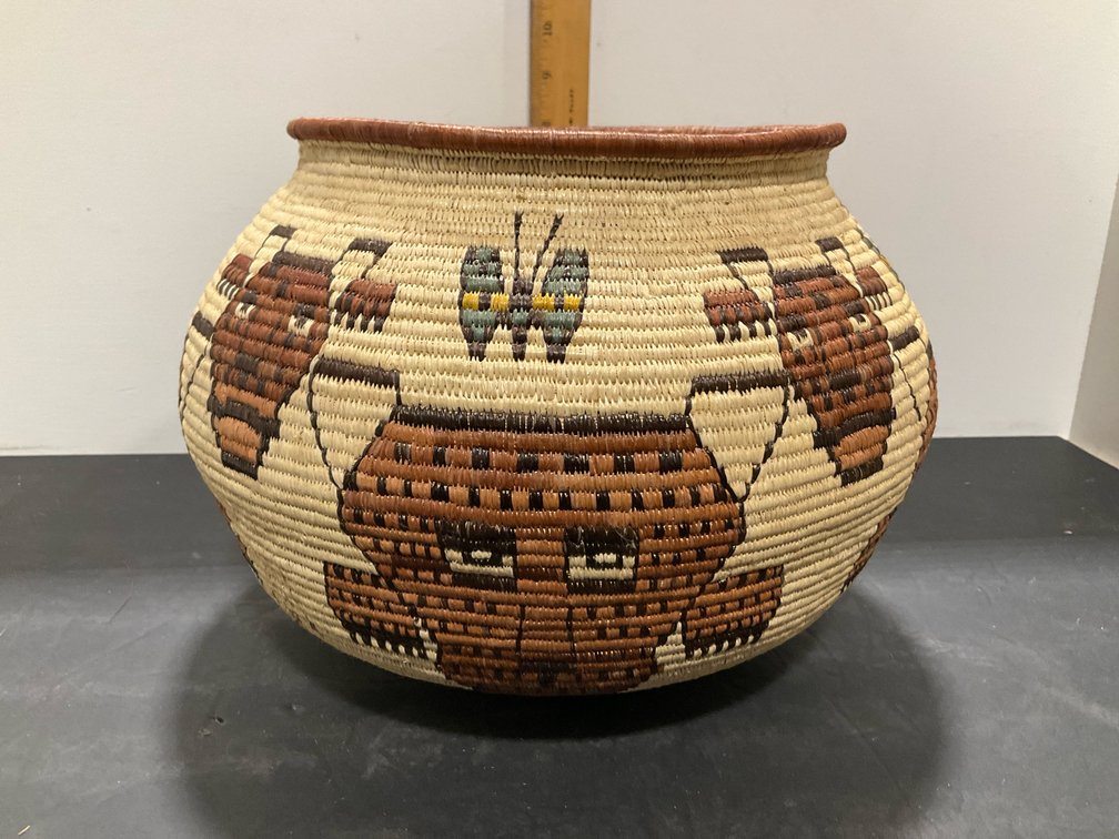 Coiled pictorial woven basket jar with frog & butterfly