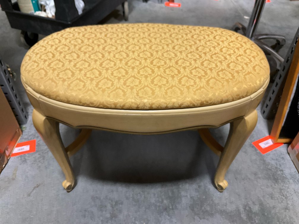 Oval vanity bench with gold floral damask upholstery