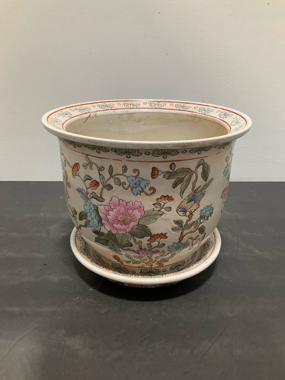 Ceramic bird & floral planter with saucer 9” diameter x 8” tall