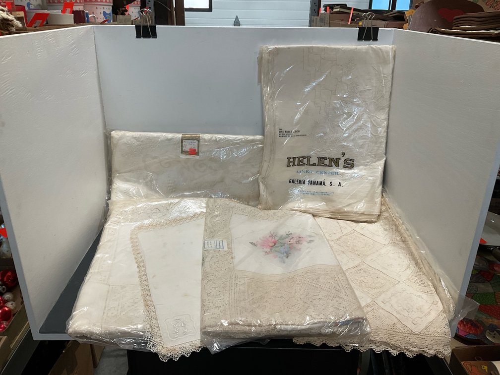 Grouping of embroidered & lace tablecloth sets 72 x 90 in