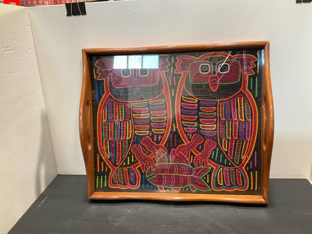 Wooden serving trays with mola art & butterfly specimens