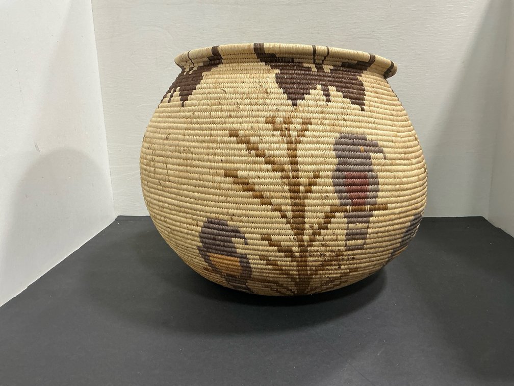 Coiled pictorial basket jar with birds & branches