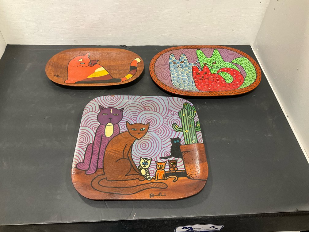 Grouping of hand-painted wooden cat trays