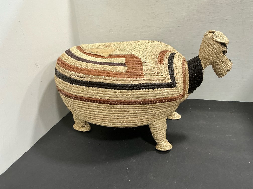 Coiled fiber woven animal-form lidded basket