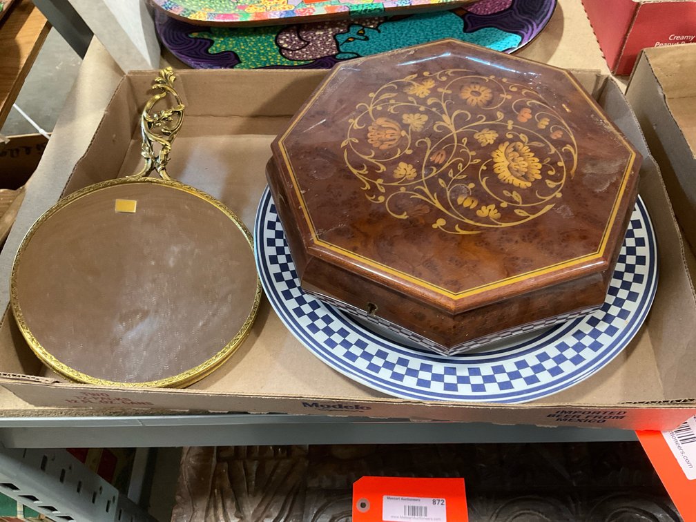 Inlaid wood music box, hand mirror & ceramic platter