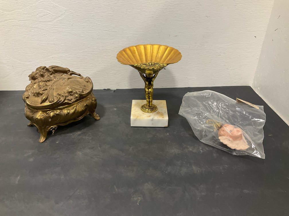 3 decorative items with gilt metal box, dish & ornament