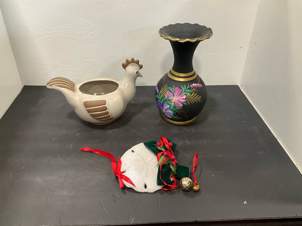 Ceramic chicken planter, painted vase & sand dollar ornament