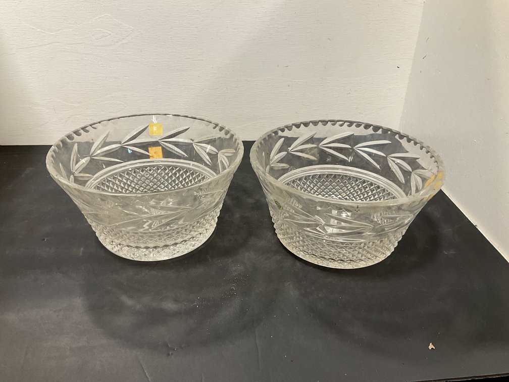 Pair of Galway cut crystal bowls with leaf pattern