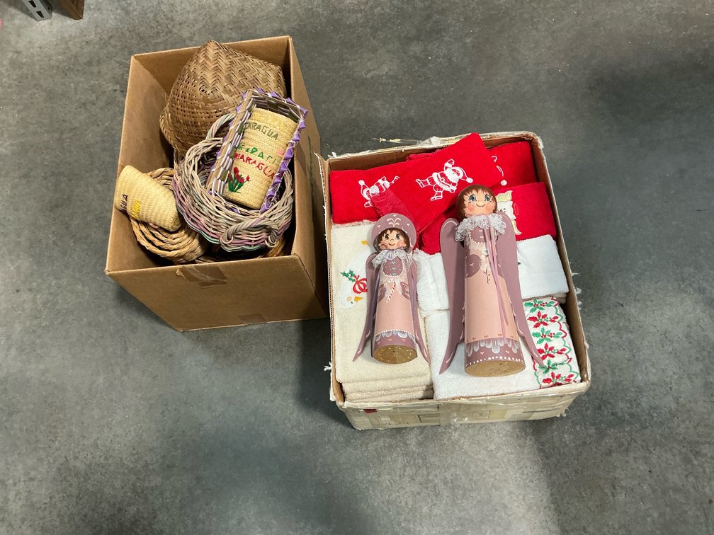 Woven baskets, Christmas linens & wooden angel figurines