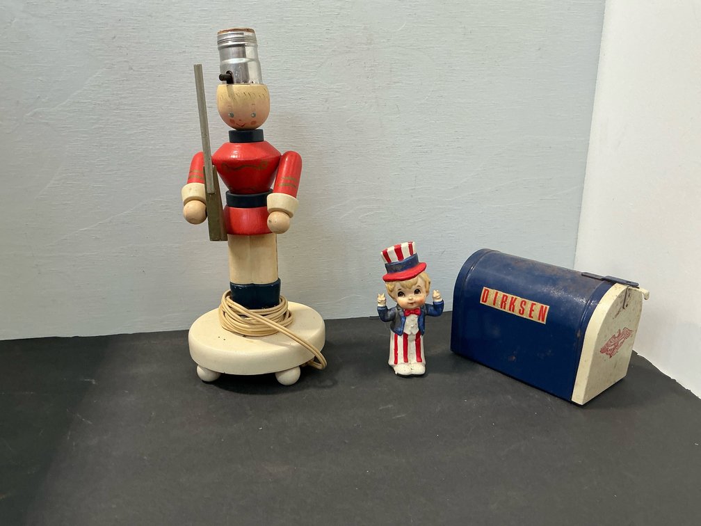 Toy soldier lamp, Uncle Sam figurine & miniature mailbox