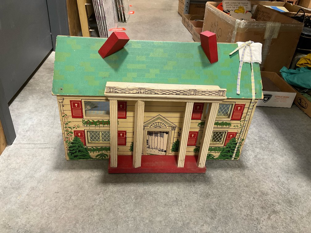 Toy dollhouse with portico, furniture & accessories