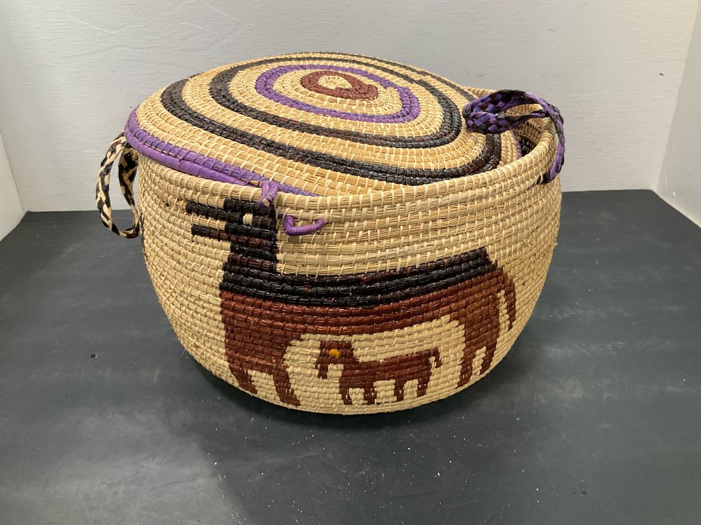 Coiled woven basket with lid & pictorial motifs