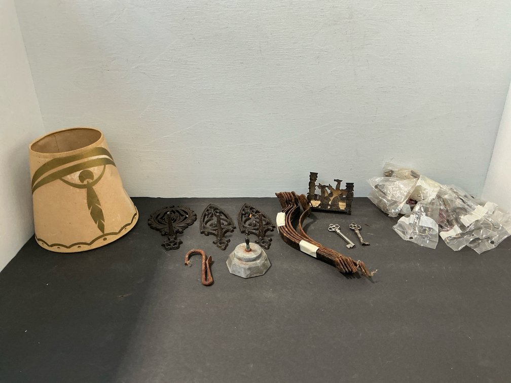 Assorted metal hardware, skeleton keys & paper lampshade