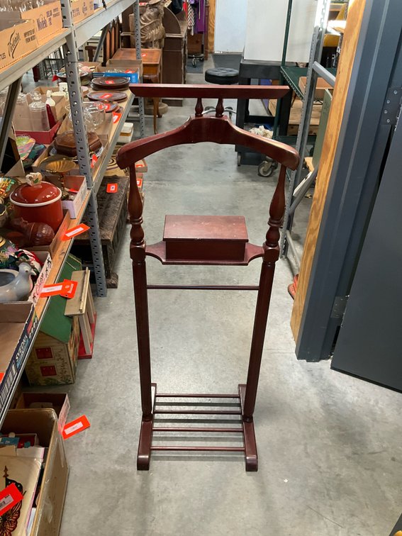 Wood valet stand with accessory box & shoe rack