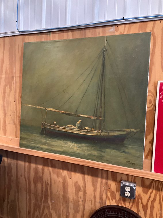 Oil painting of sailboat with figures