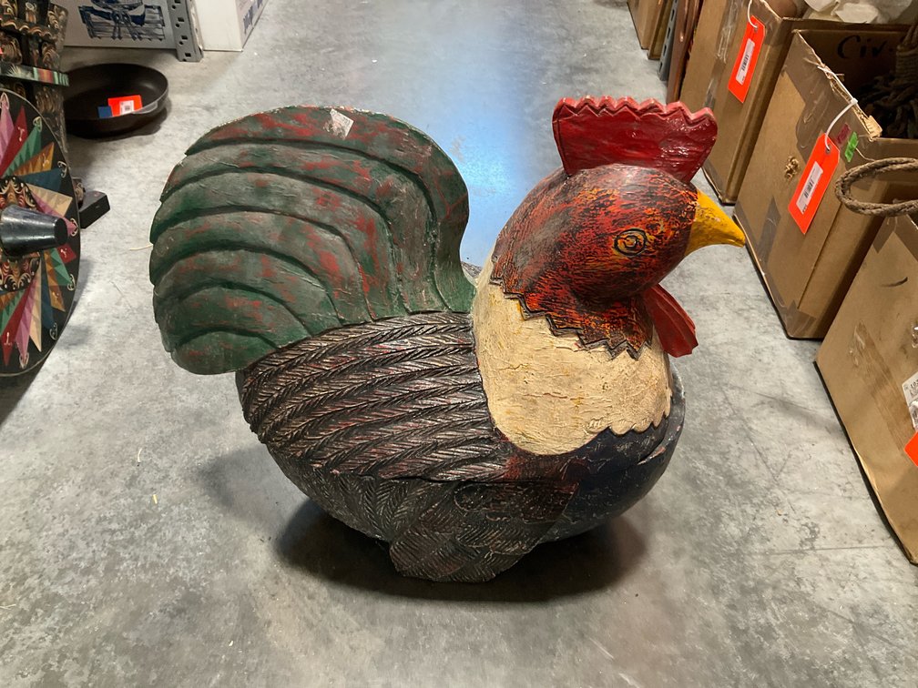 Carved painted wooden rooster figure 19” tall