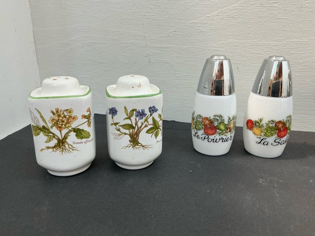 Tableware grouping with shakers, cow creamer & napkin rings
