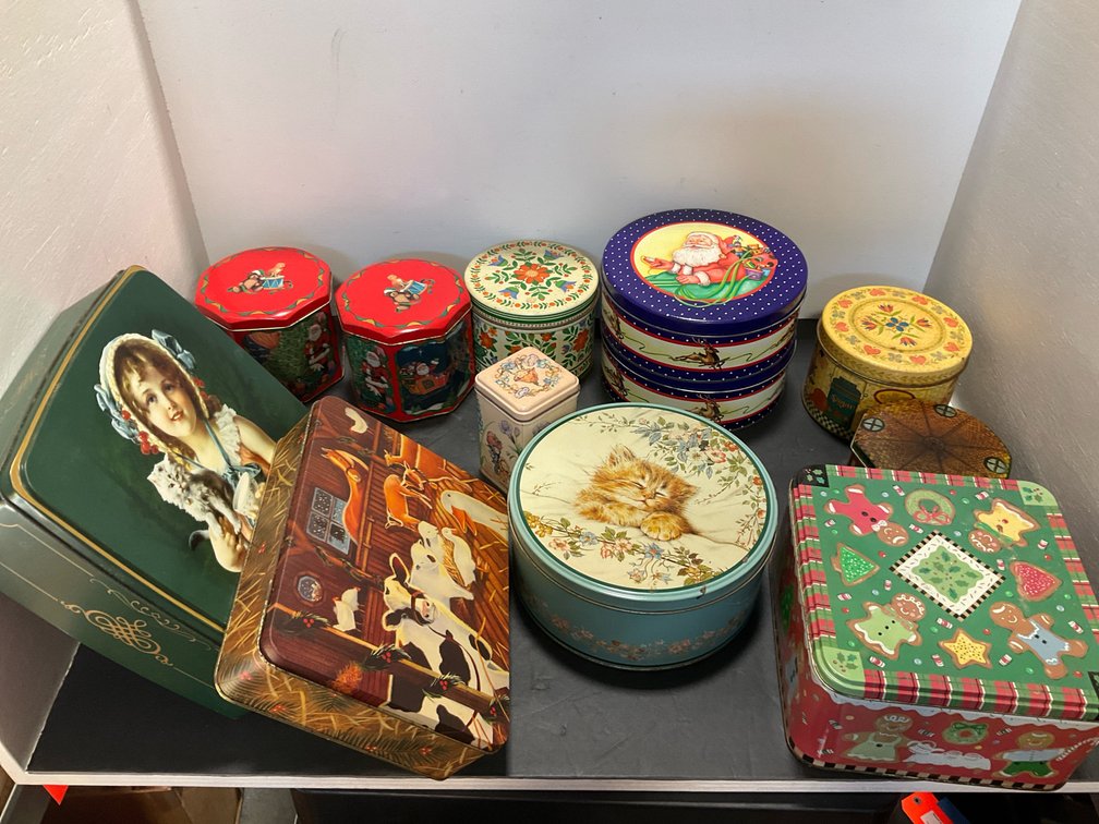 Grouping of decorative lithographed metal tins