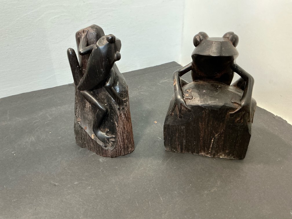 Pair of carved dark wood frog sculptures 5” tall