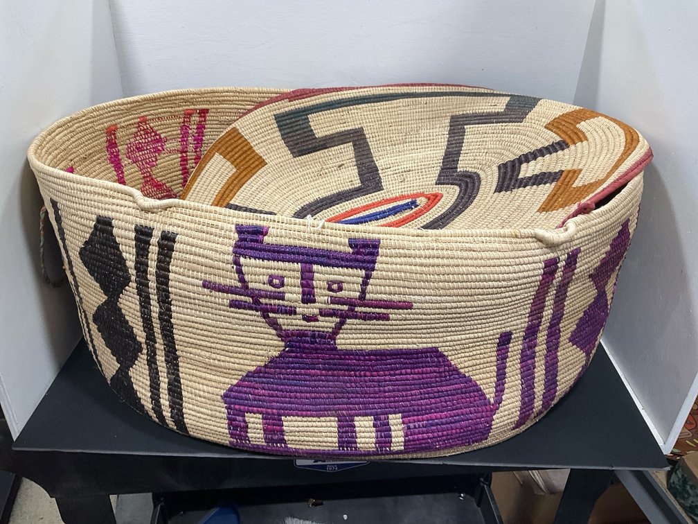 Coiled woven basket with lid & cat motifs