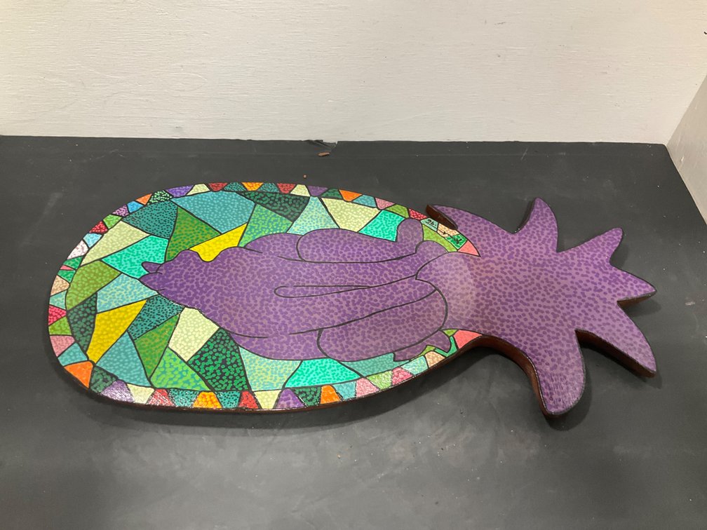 Hand-painted wooden pineapple tray with cat design