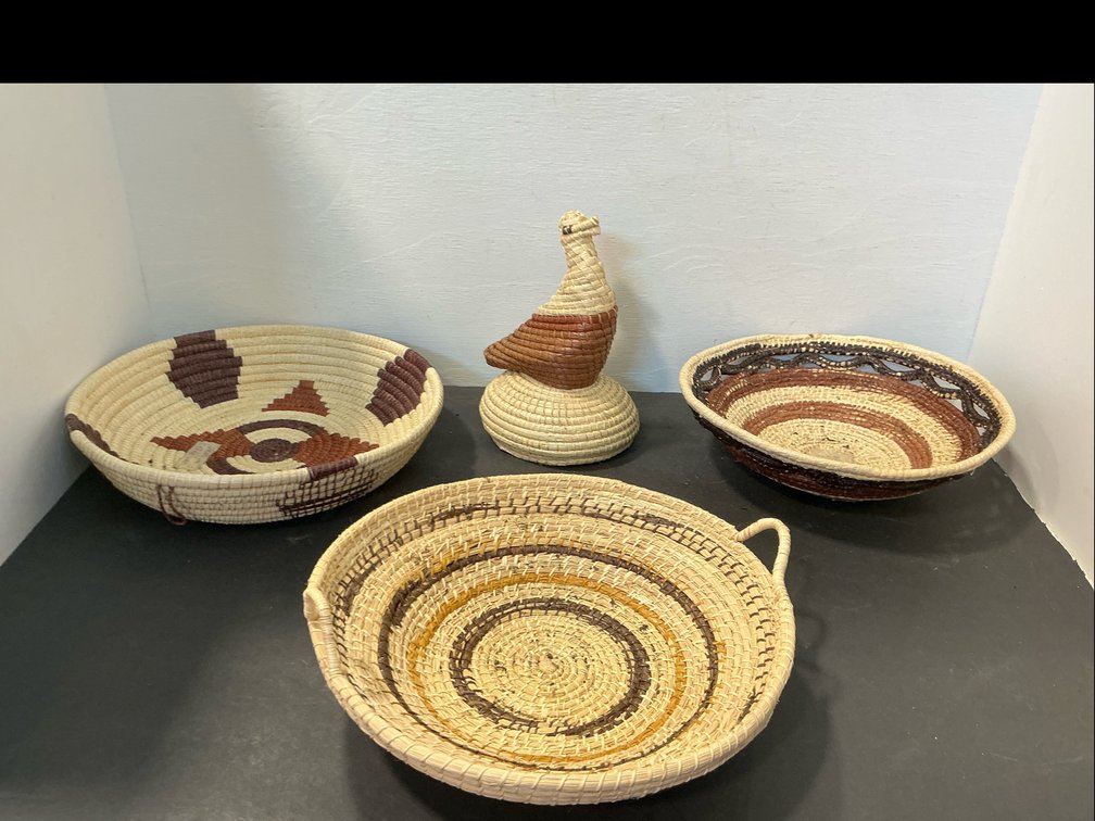 Grouping of coiled woven baskets & bird figure